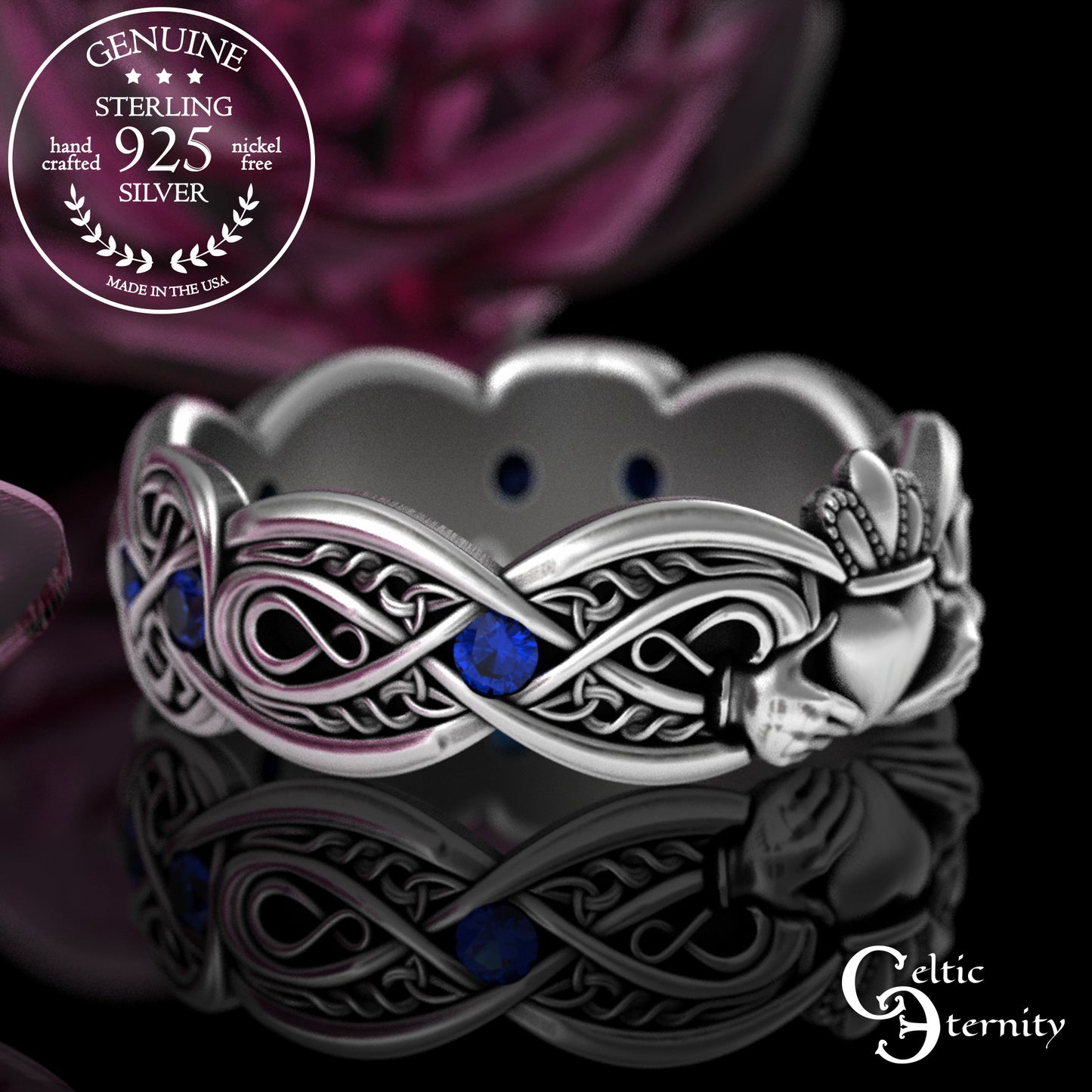 Sterling Woman's Infinity Heart Claddagh Wedding Band with Emeralds, 3239