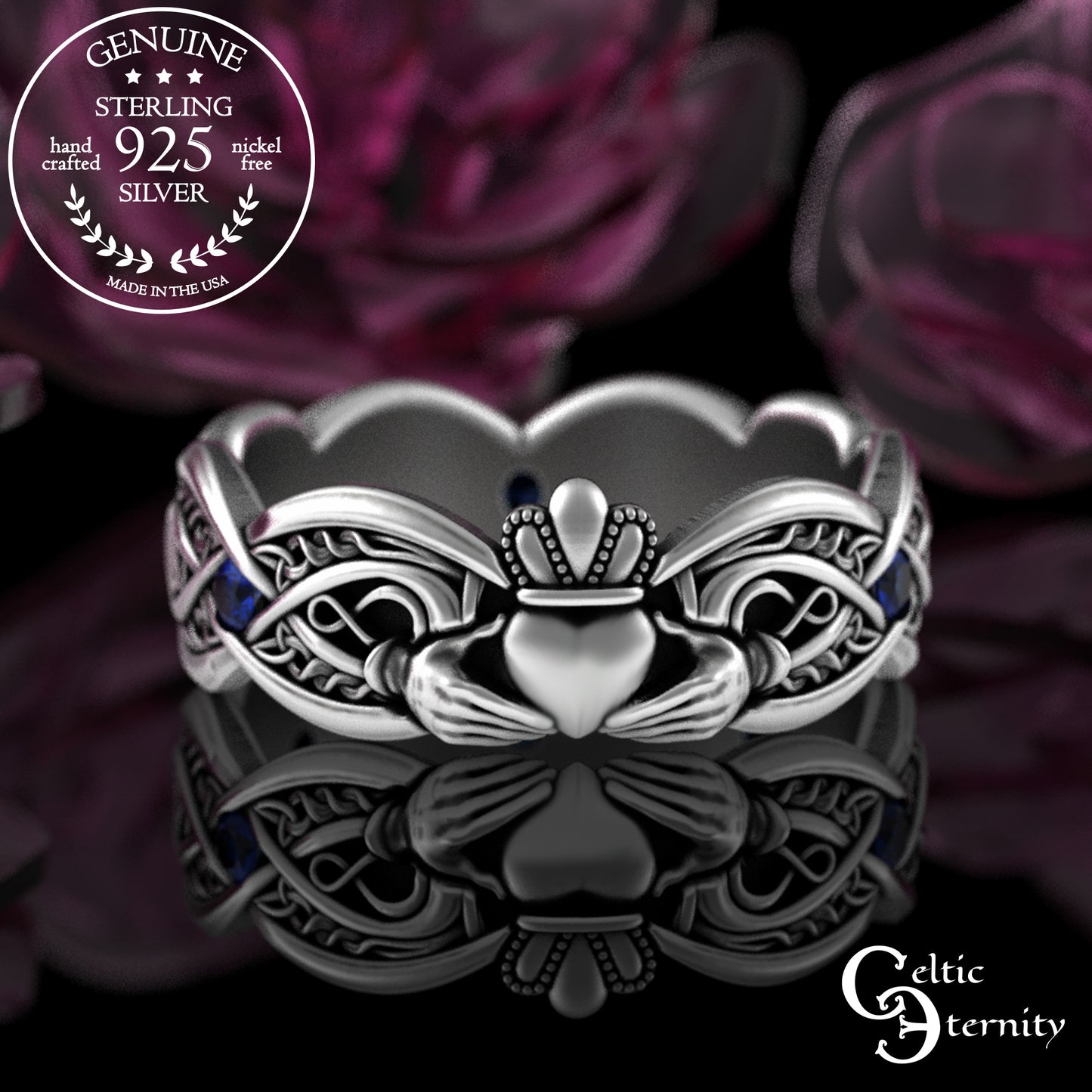 Sterling Woman's Infinity Heart Claddagh Wedding Band with Emeralds, 3239