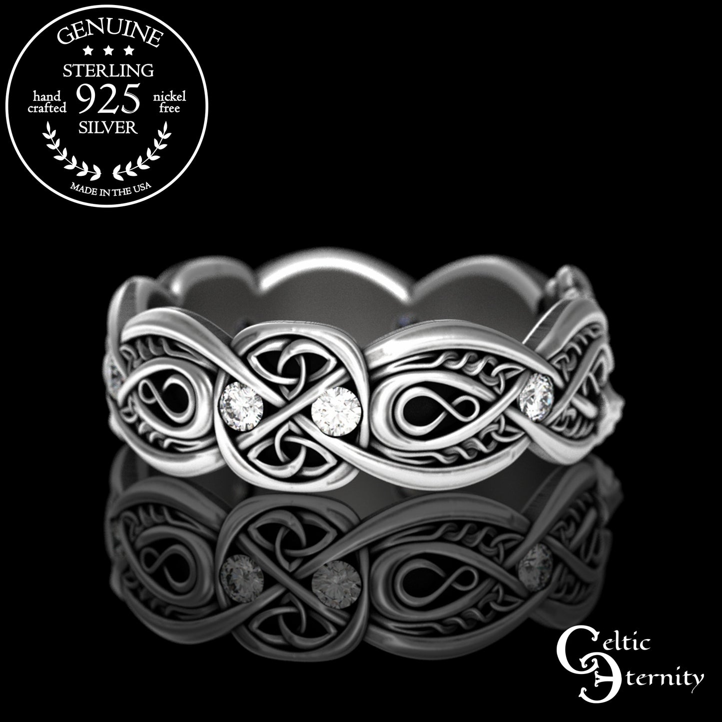 Sterling Woman's Infinity Heart Claddagh Wedding Band with Emeralds, 3239