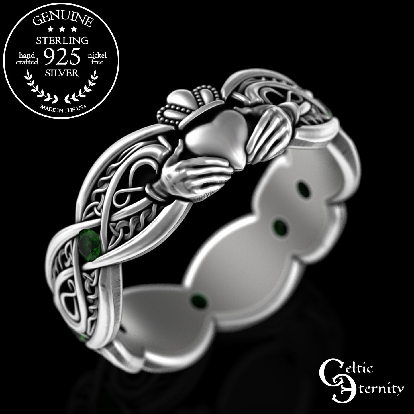 Sterling Woman's Infinity Heart Claddagh Wedding Band with Emeralds, 3239