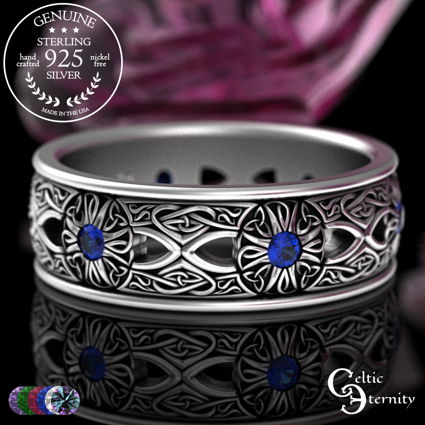 Men's Sterling Celtic Cross & Trinity Wedding Band with Alexandrite, 3242