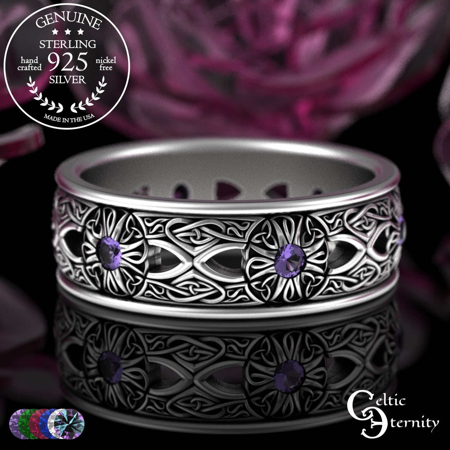 Men's Sterling Celtic Cross & Trinity Wedding Band with Alexandrite, 3242
