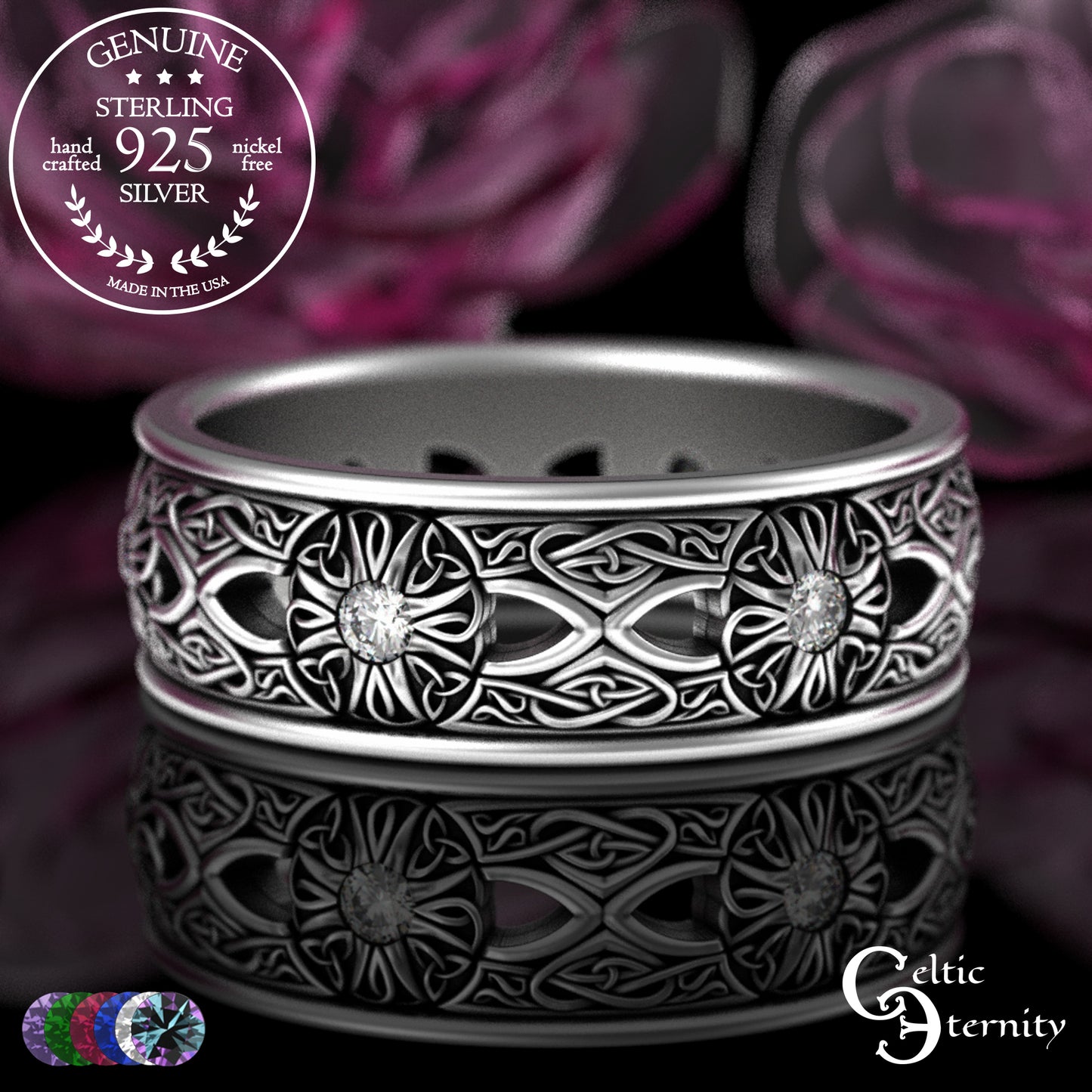 Men's Sterling Celtic Cross & Trinity Wedding Band with Alexandrite, 3242