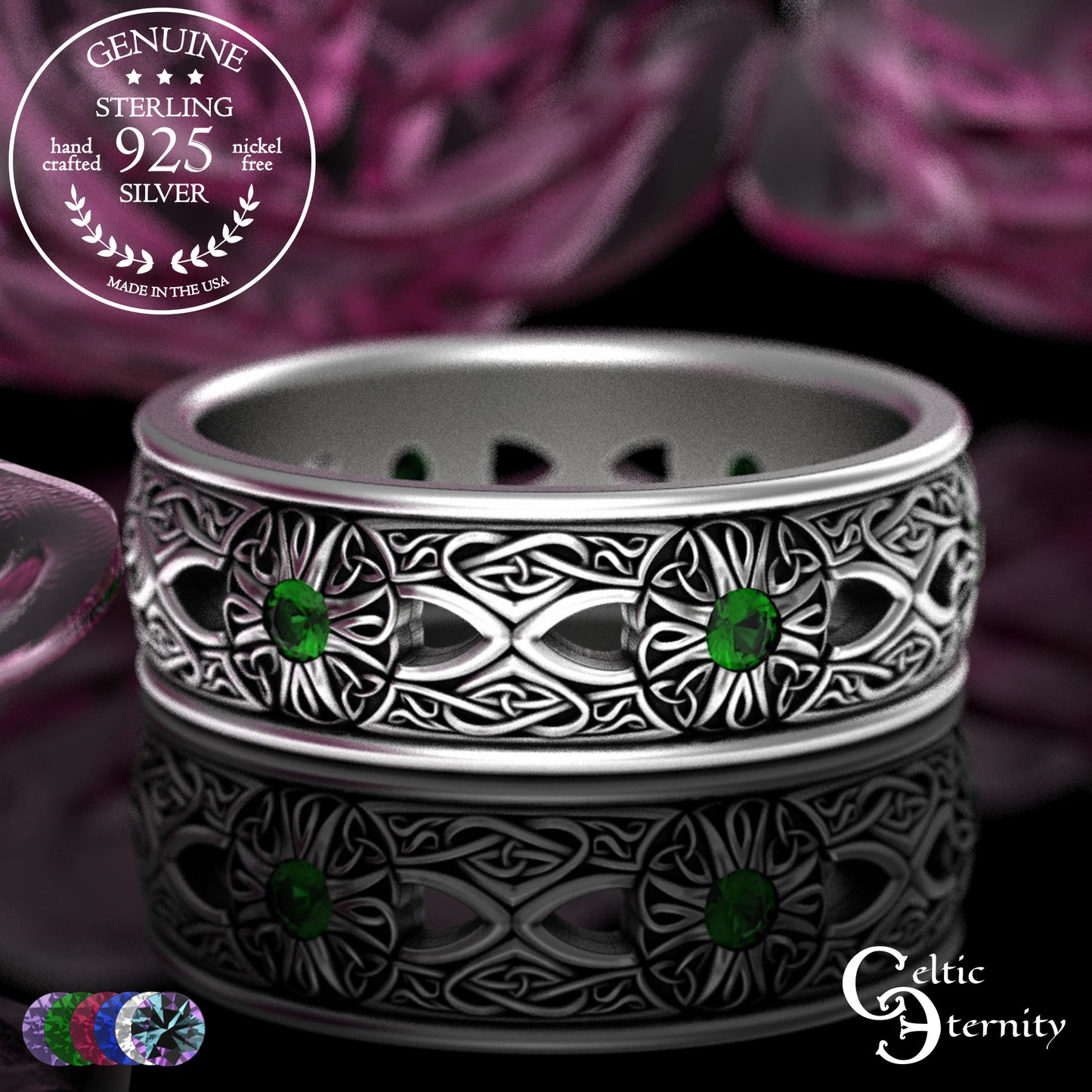 Men's Sterling Celtic Cross & Trinity Wedding Band with Alexandrite, 3242