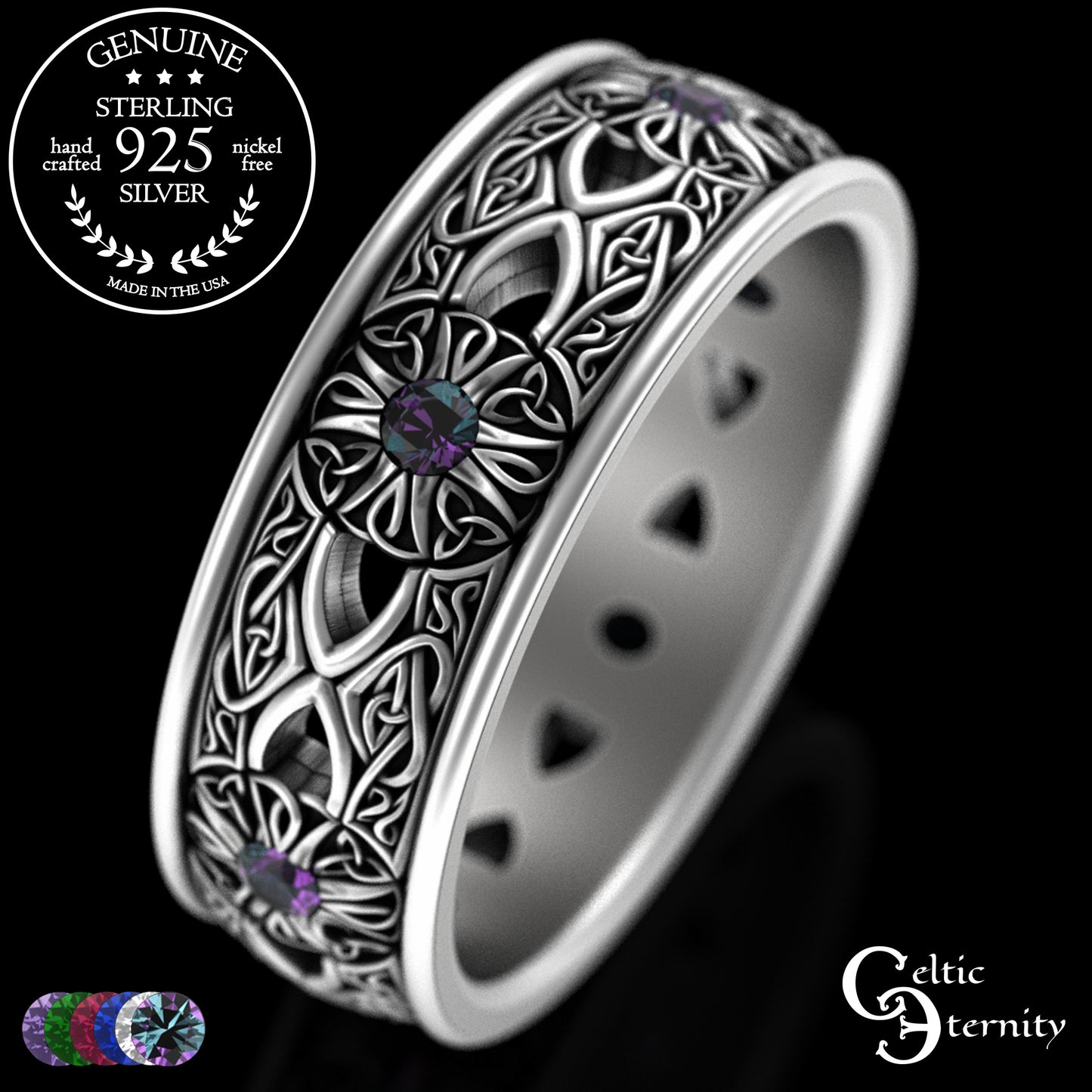 Men's Sterling Celtic Cross & Trinity Wedding Band with Alexandrite, 3242