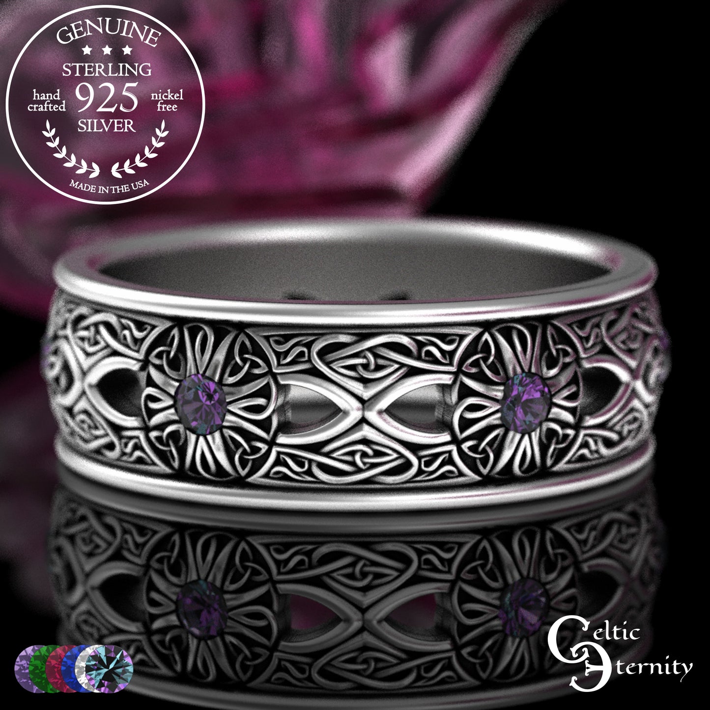 Men's Sterling Celtic Cross & Trinity Wedding Band with Alexandrite, 3242