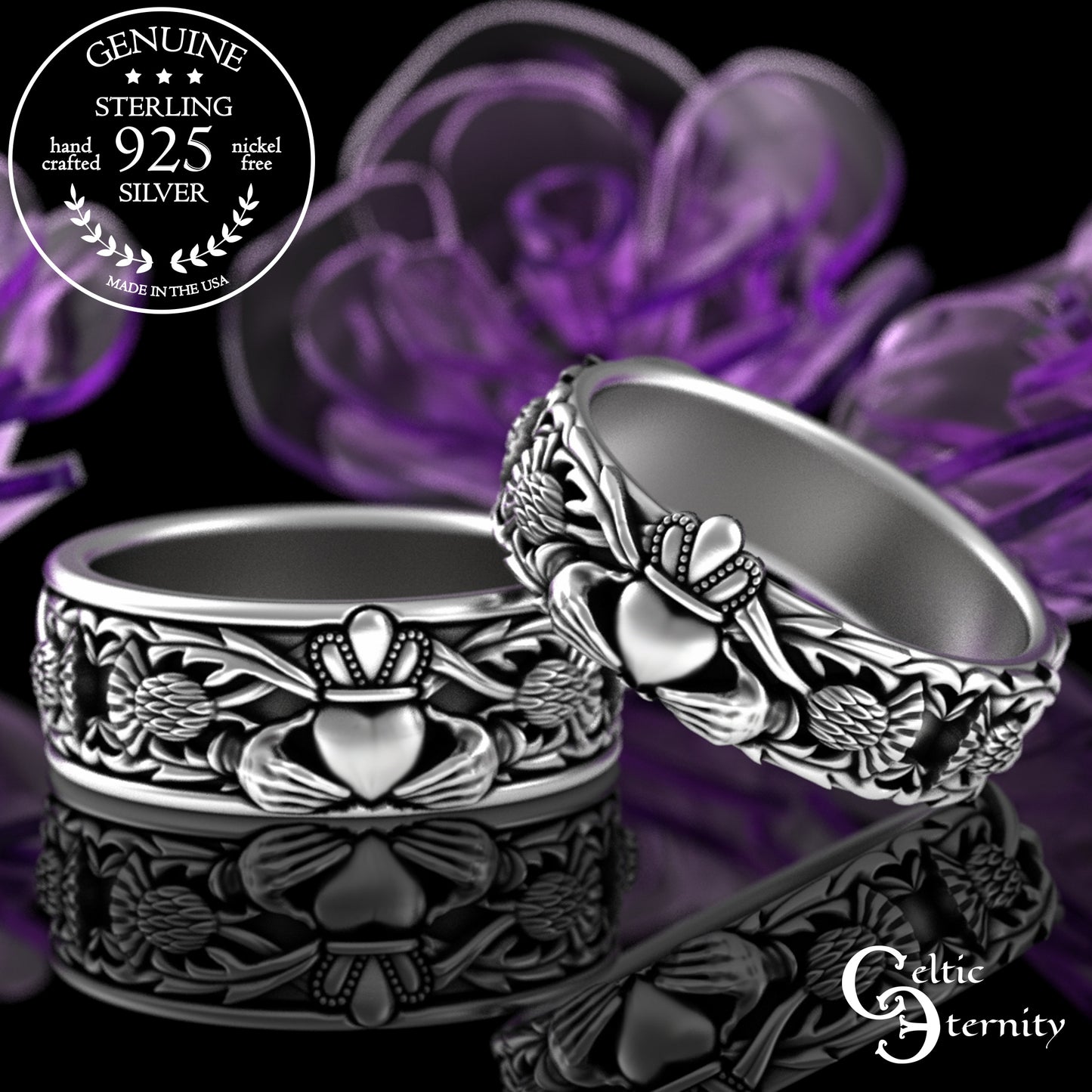 Matching Sterling Celtic Claddagh Wedding Band Set with Thistle Knotwork, 3243 3281