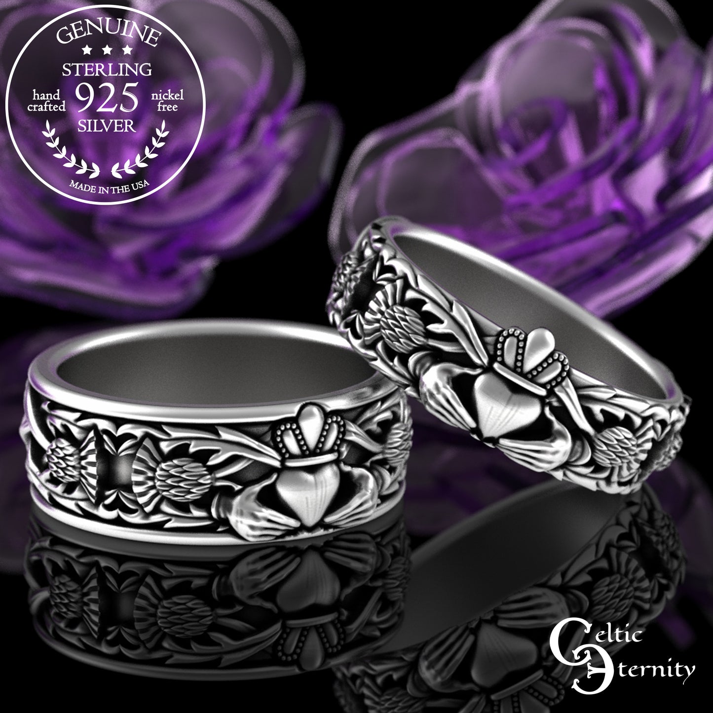 Matching Sterling Celtic Claddagh Wedding Band Set with Thistle Knotwork, 3243 3281