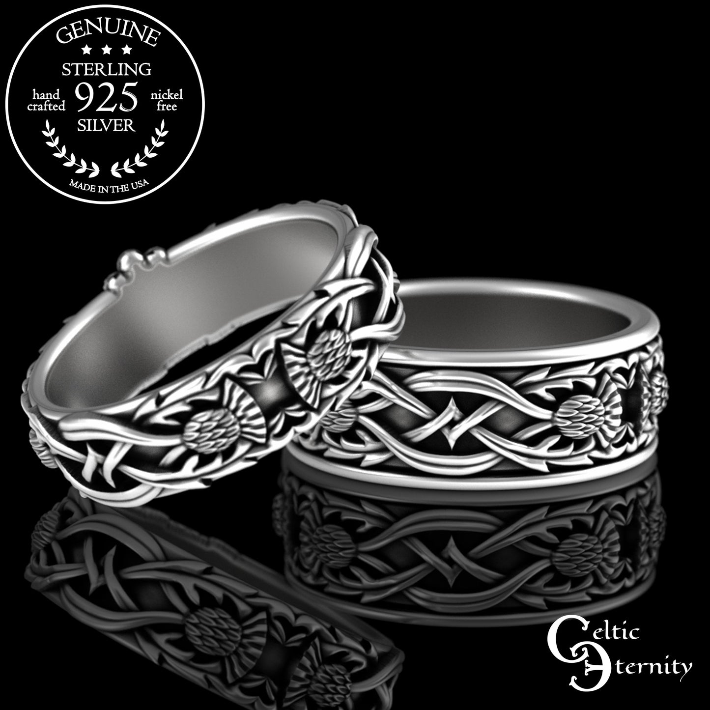 Matching Sterling Celtic Claddagh Wedding Band Set with Thistle Knotwork, 3243 3281