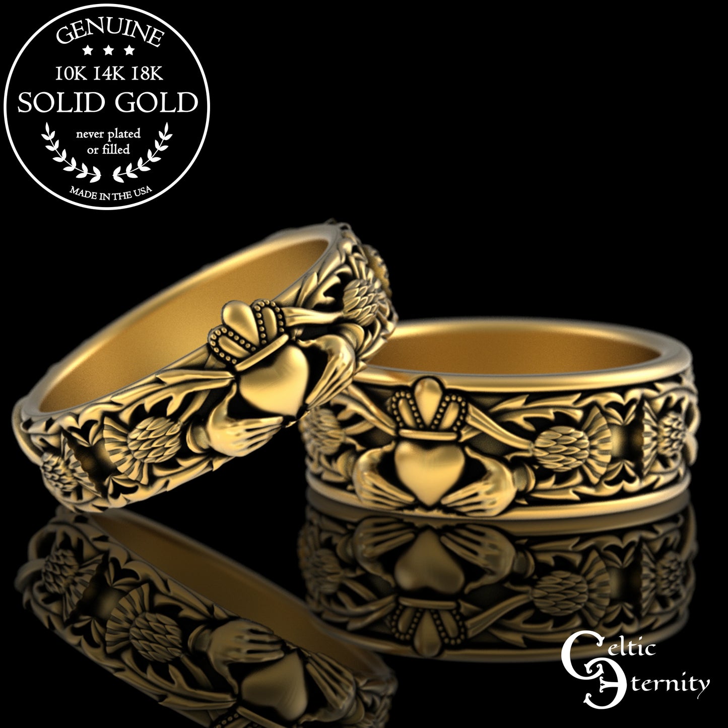 Sterling Men's Scottish Thistle & Claddagh Wedding Band with Emeralds, 3282