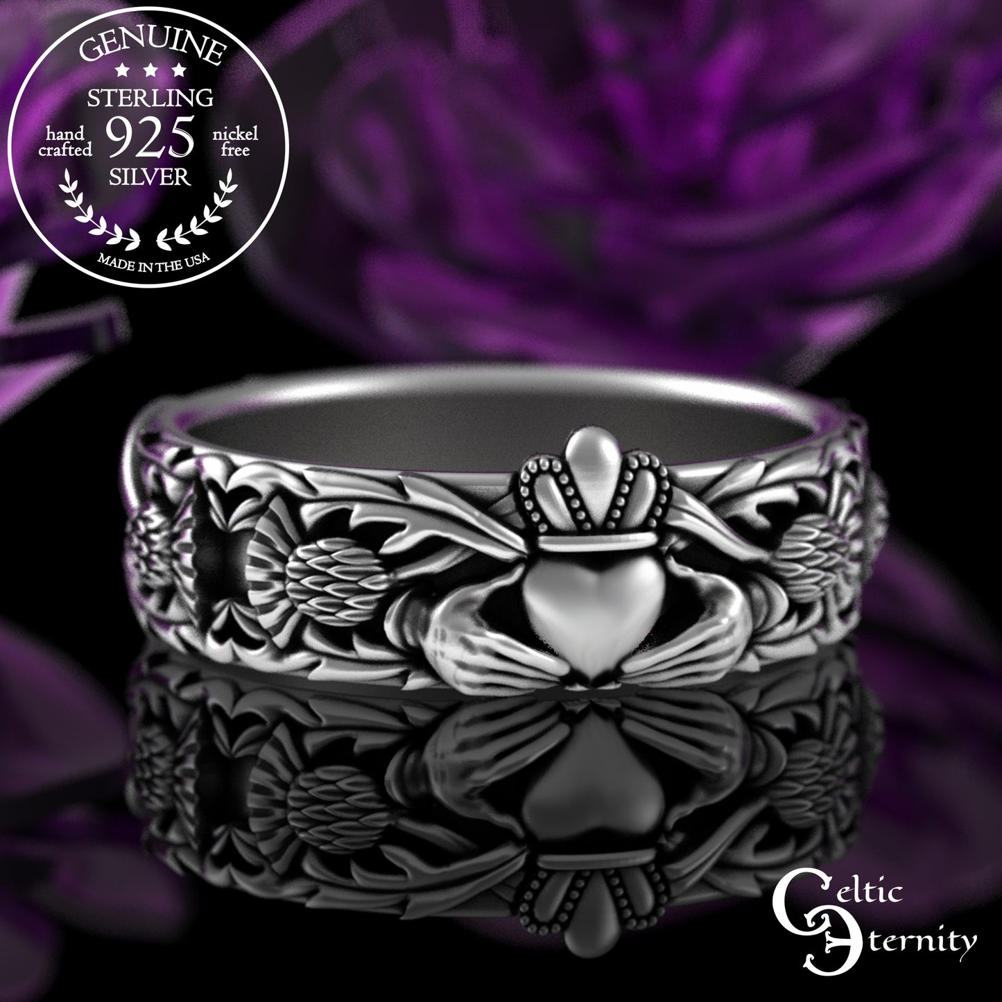 Woman's Sterling Celtic Thistle & Heart Hands Crown Claddagh Wedding Band, 3243