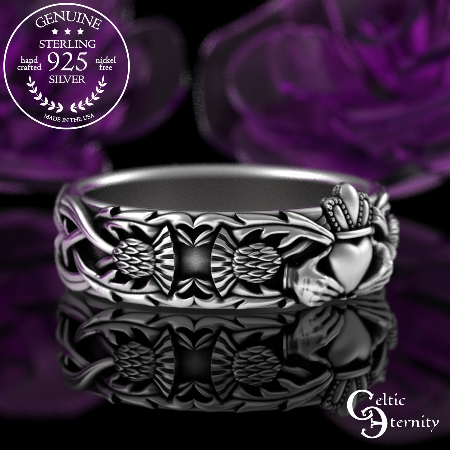 Woman's Sterling Celtic Thistle & Heart Hands Crown Claddagh Wedding Band, 3243
