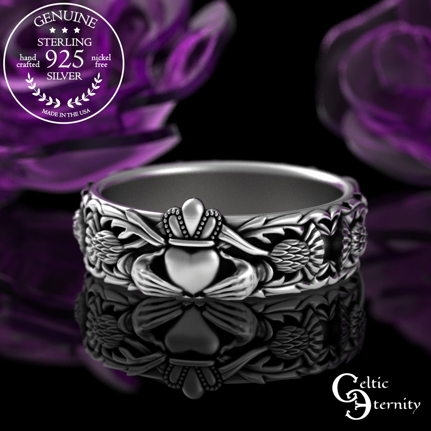 Woman's Sterling Celtic Thistle & Heart Hands Crown Claddagh Wedding Band, 3243