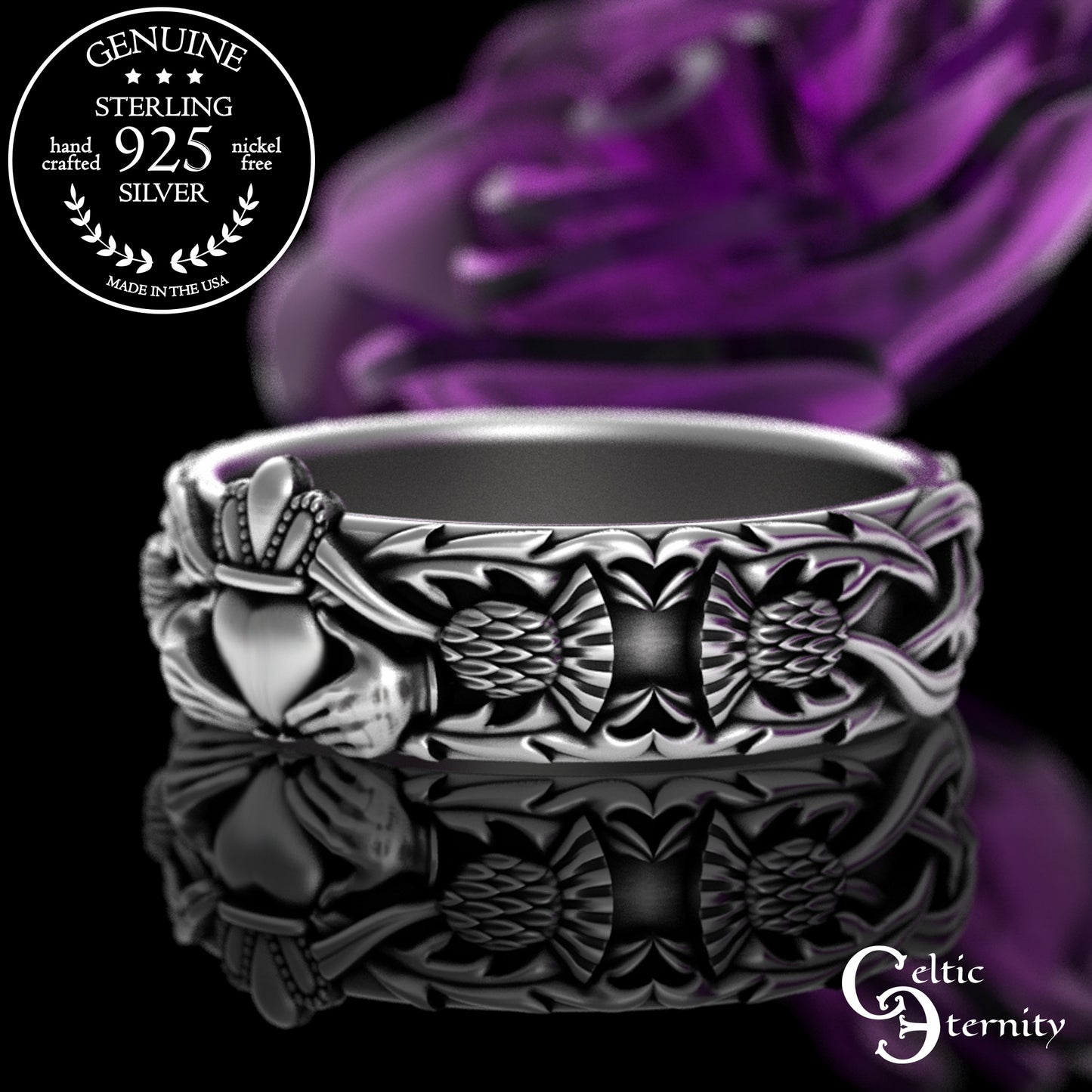 Matching Sterling Celtic Claddagh Wedding Band Set with Thistle Knotwork, 3243 3281