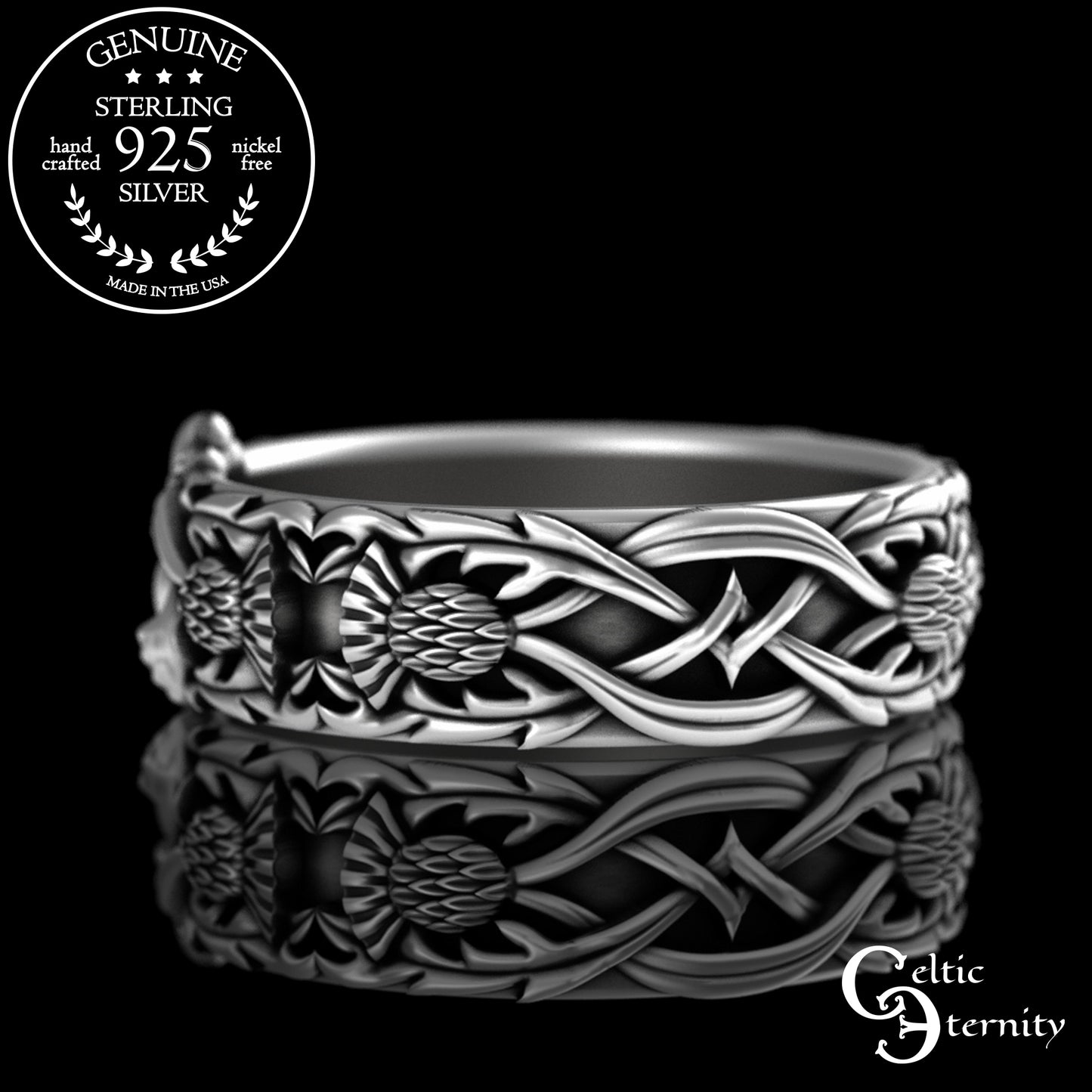 Woman's Sterling Celtic Thistle & Heart Hands Crown Claddagh Wedding Band, 3243