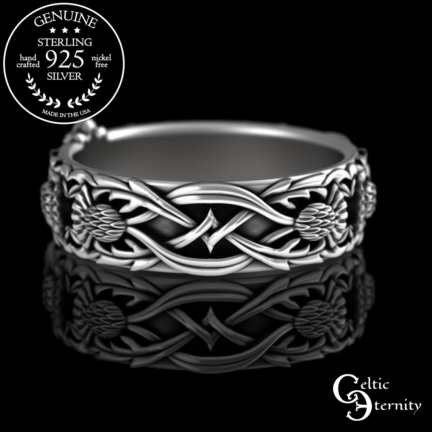 Woman's Sterling Celtic Thistle & Heart Hands Crown Claddagh Wedding Band, 3243