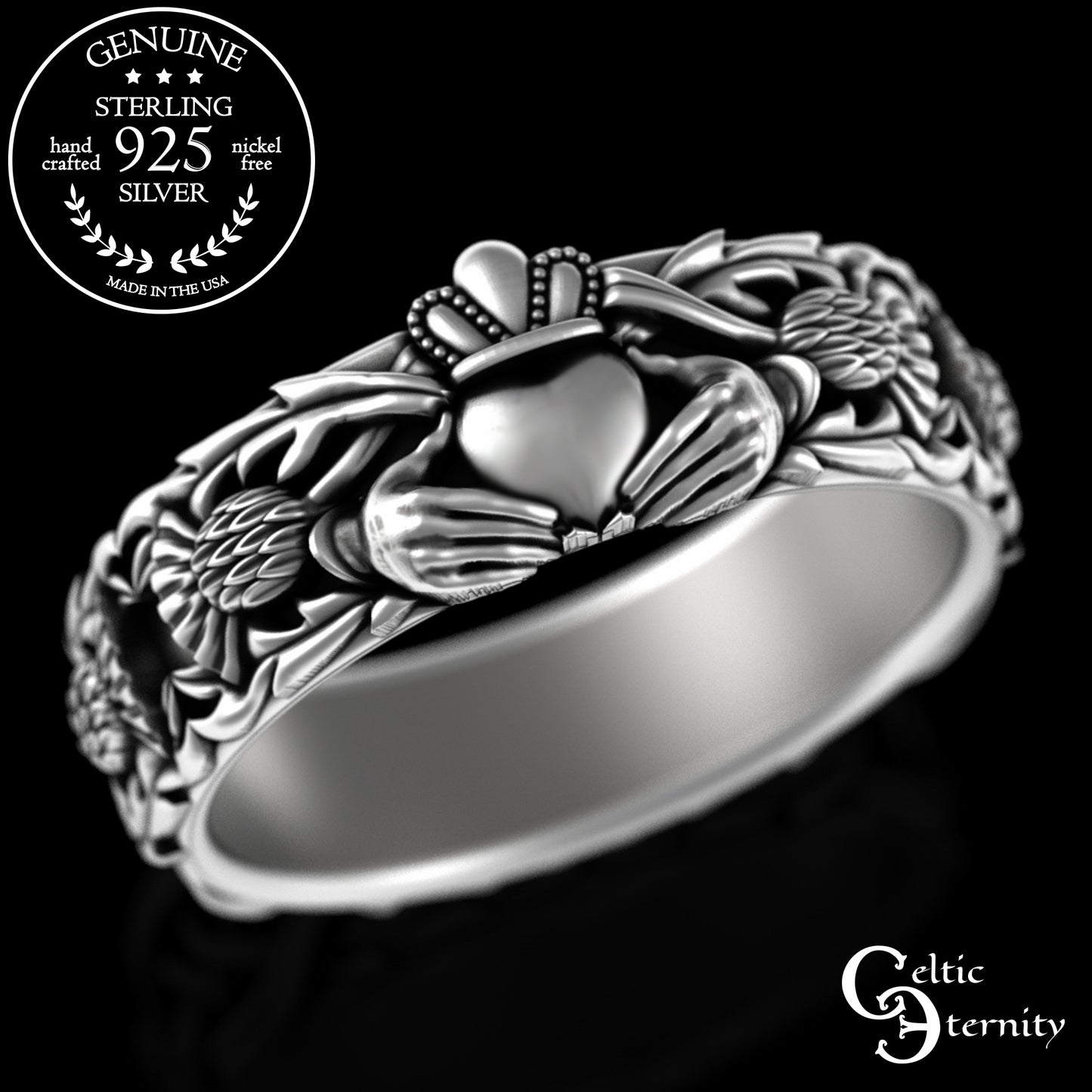 Woman's Sterling Celtic Thistle & Heart Hands Crown Claddagh Wedding Band, 3243