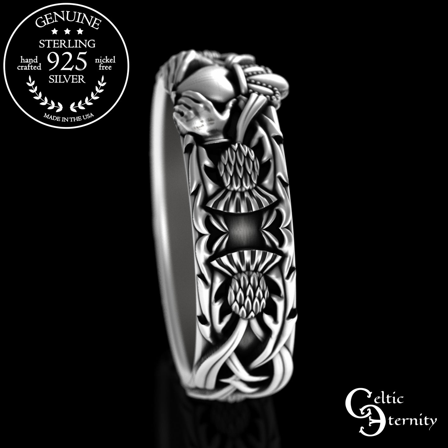 Woman's Sterling Celtic Thistle & Heart Hands Crown Claddagh Wedding Band, 3243