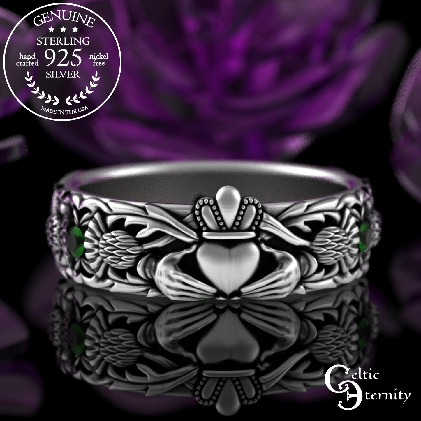 Sterling Woman's Alexandrite Scottish Thistle Claddagh Wedding Band, 3244