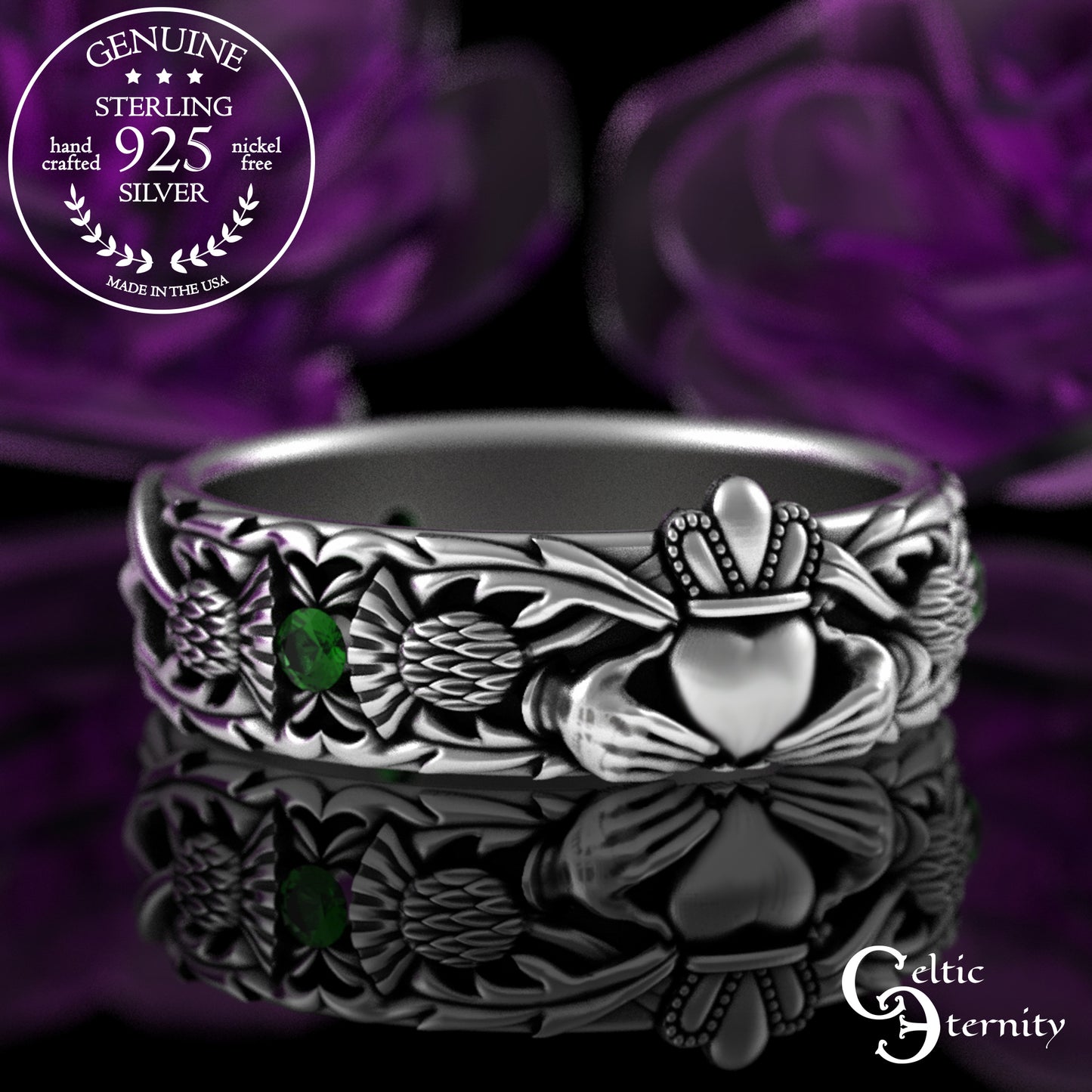 Sterling Woman's Alexandrite Scottish Thistle Claddagh Wedding Band, 3244