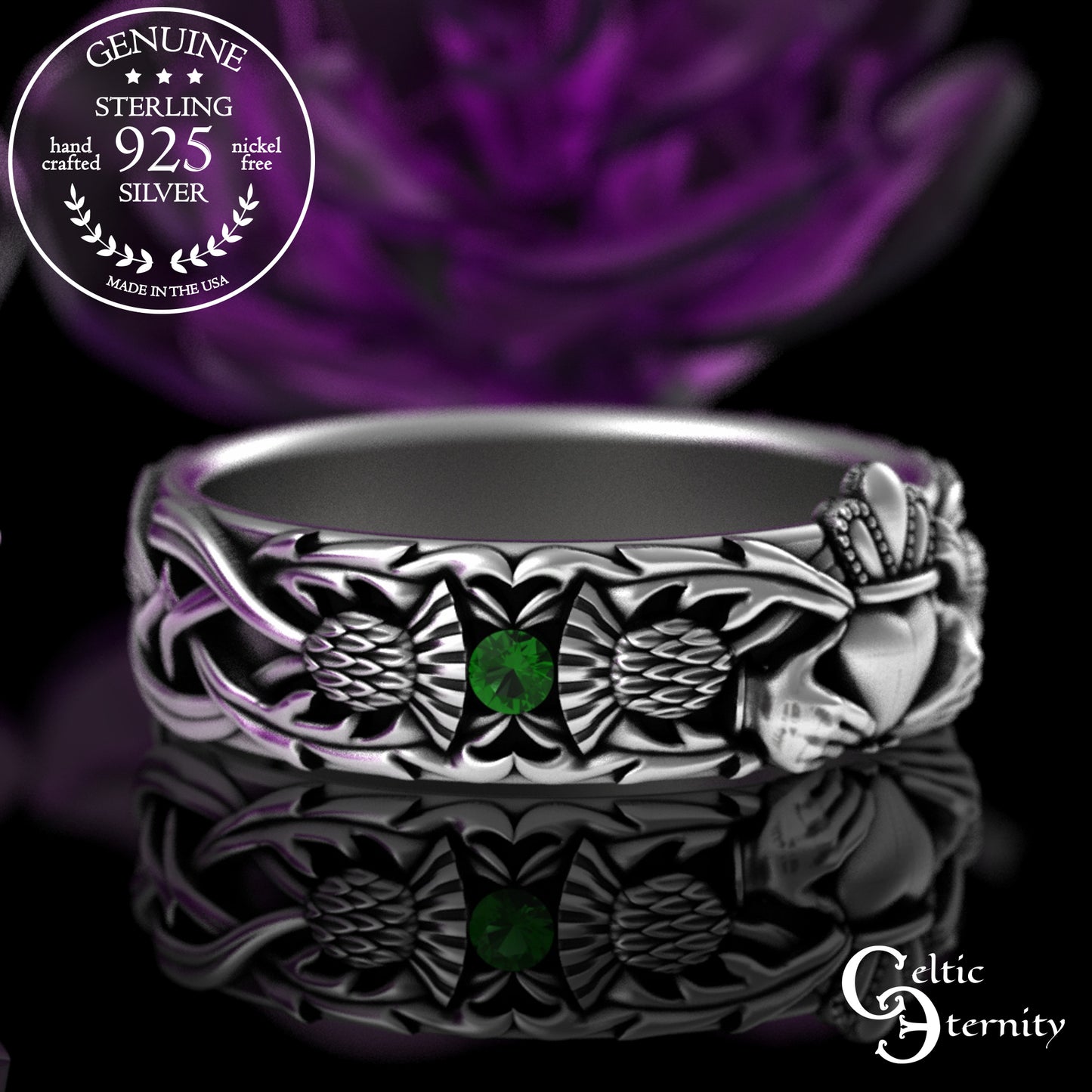 Sterling Woman's Alexandrite Scottish Thistle Claddagh Wedding Band, 3244
