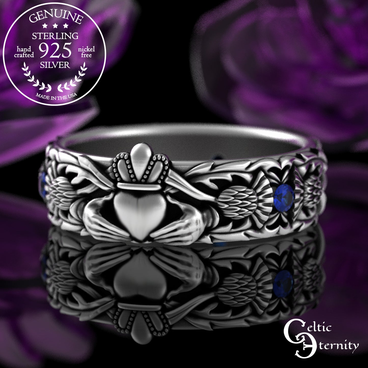 Sterling Woman's Alexandrite Scottish Thistle Claddagh Wedding Band, 3244