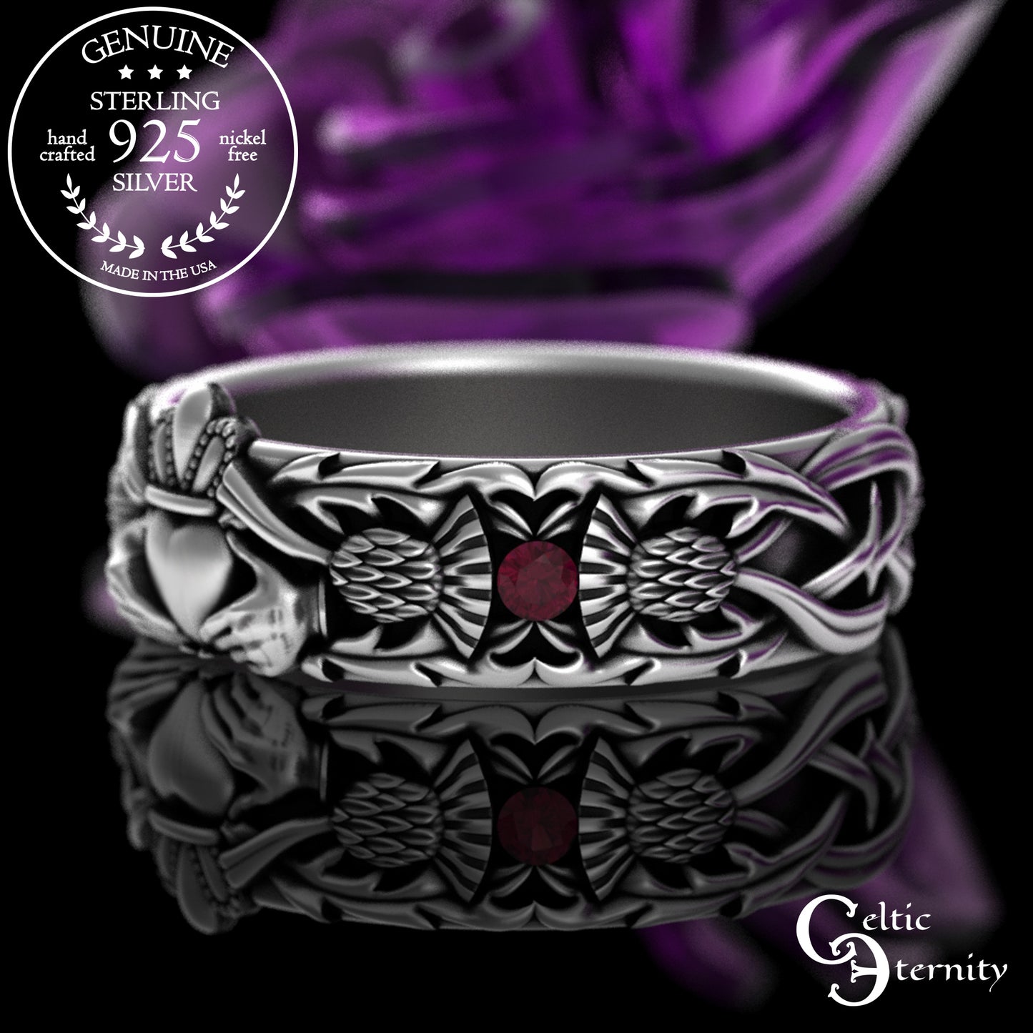 Sterling Woman's Alexandrite Scottish Thistle Claddagh Wedding Band, 3244