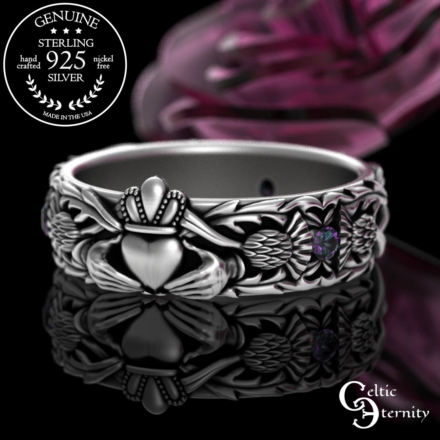 Sterling Woman's Alexandrite Scottish Thistle Claddagh Wedding Band, 3244