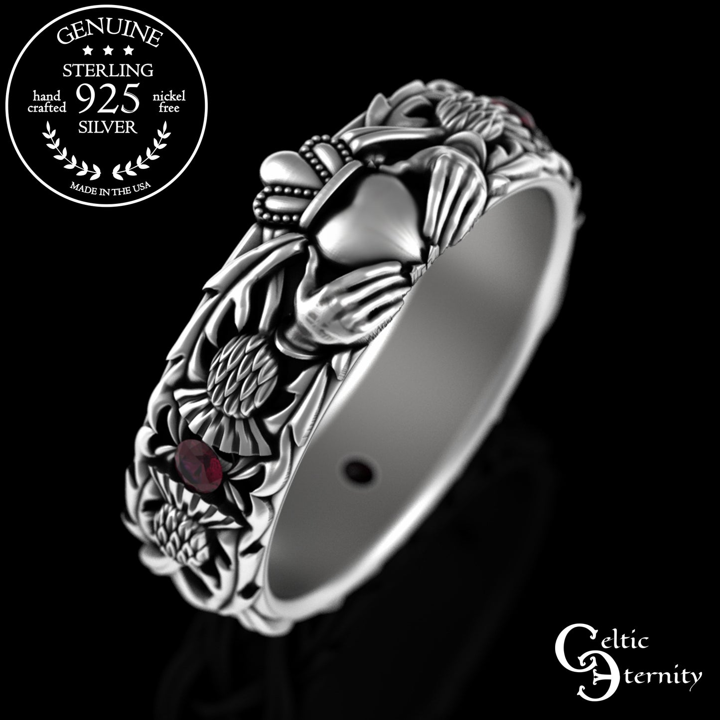 Sterling Woman's Alexandrite Scottish Thistle Claddagh Wedding Band, 3244