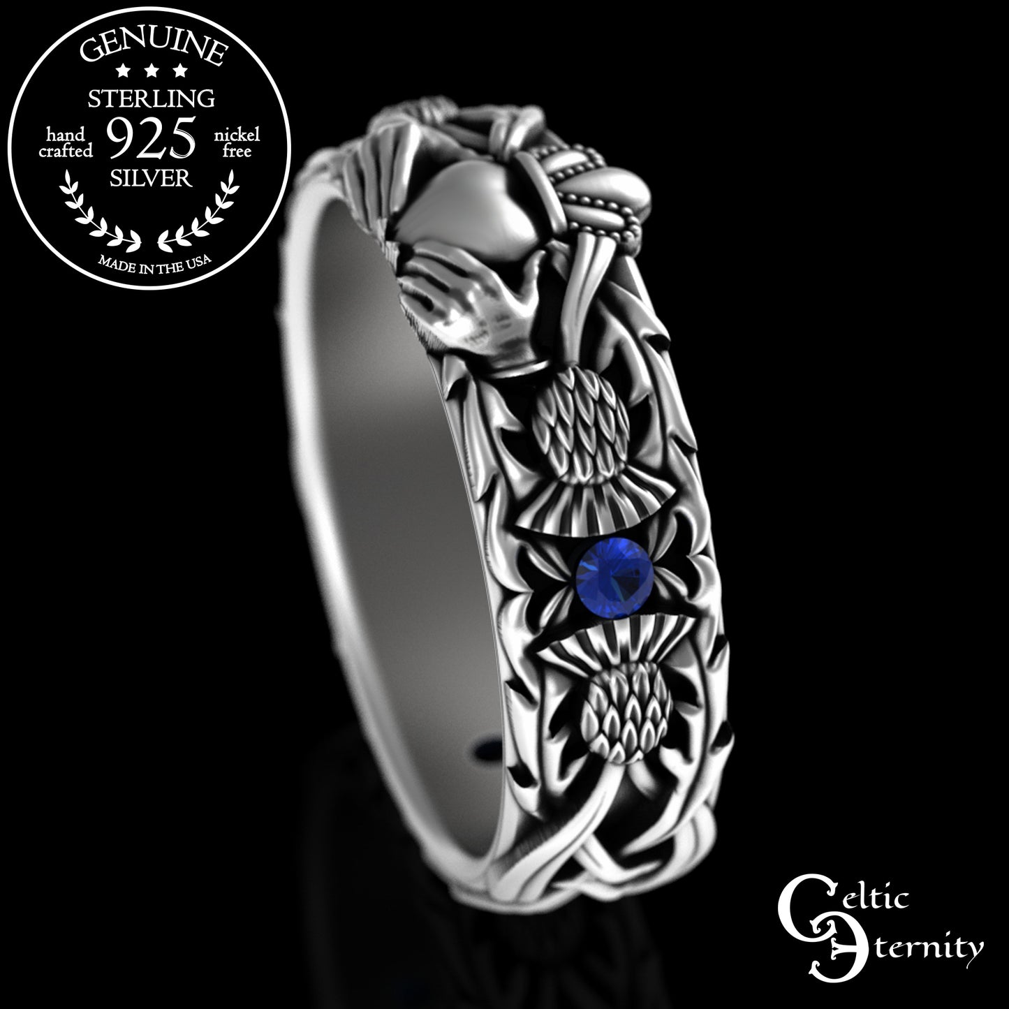 Sterling Woman's Alexandrite Scottish Thistle Claddagh Wedding Band, 3244