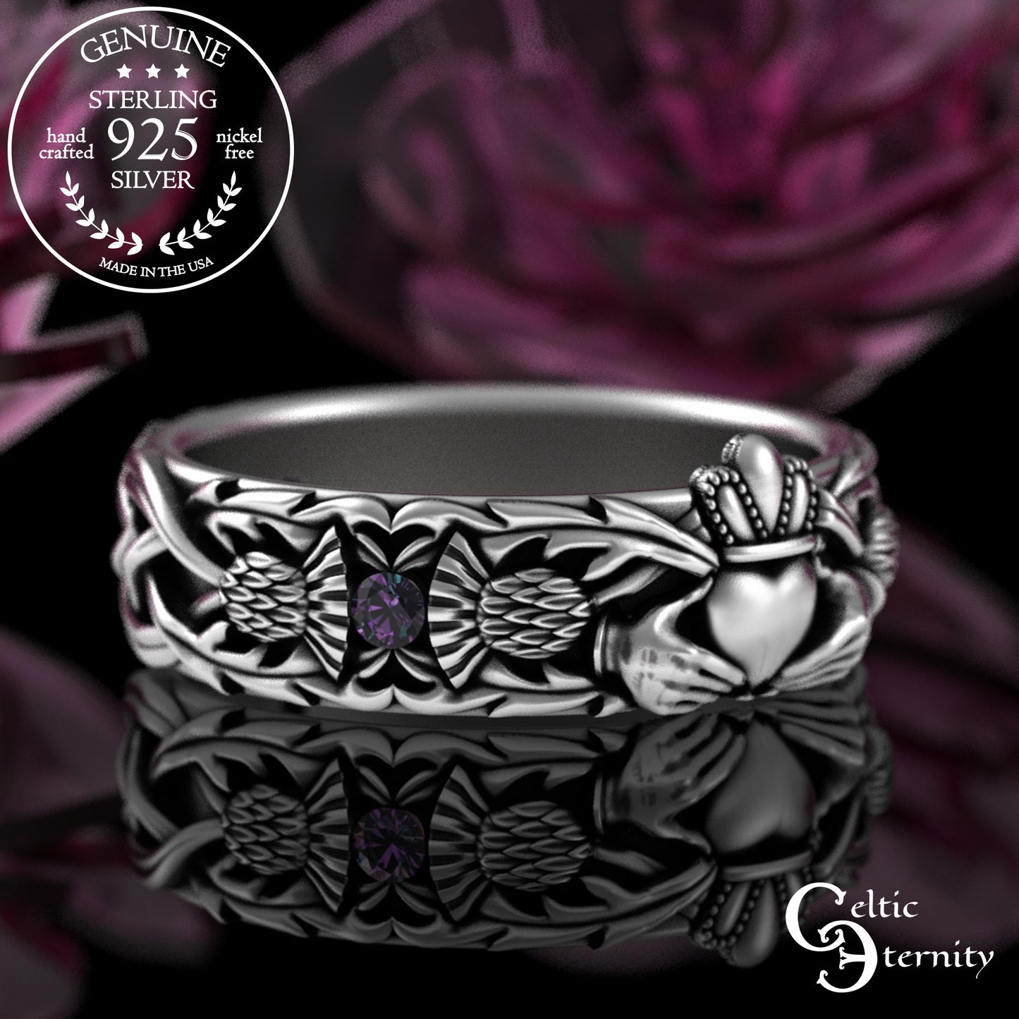 Sterling Woman's Alexandrite Scottish Thistle Claddagh Wedding Band, 3244