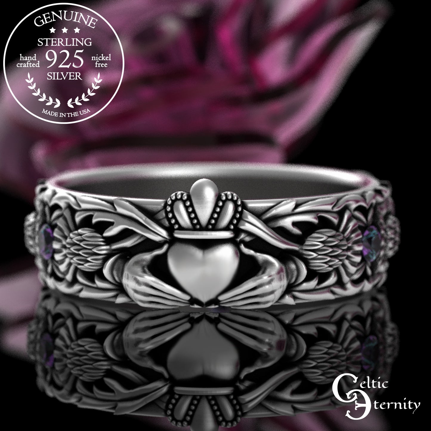 Sterling Woman's Alexandrite Scottish Thistle Claddagh Wedding Band, 3244