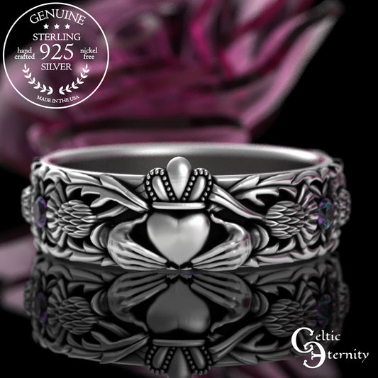 Sterling Woman's Alexandrite Scottish Thistle Claddagh Wedding Band, 3244