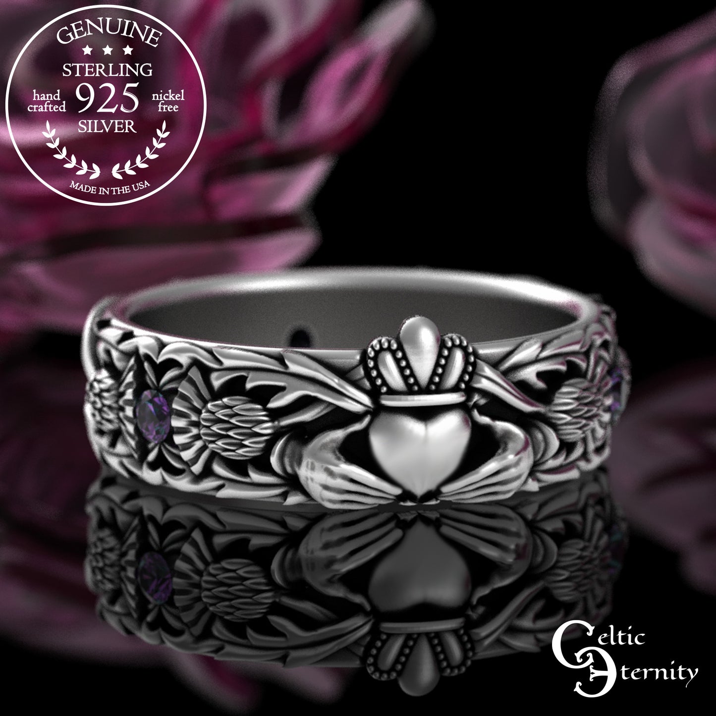 Sterling Woman's Alexandrite Scottish Thistle Claddagh Wedding Band, 3244