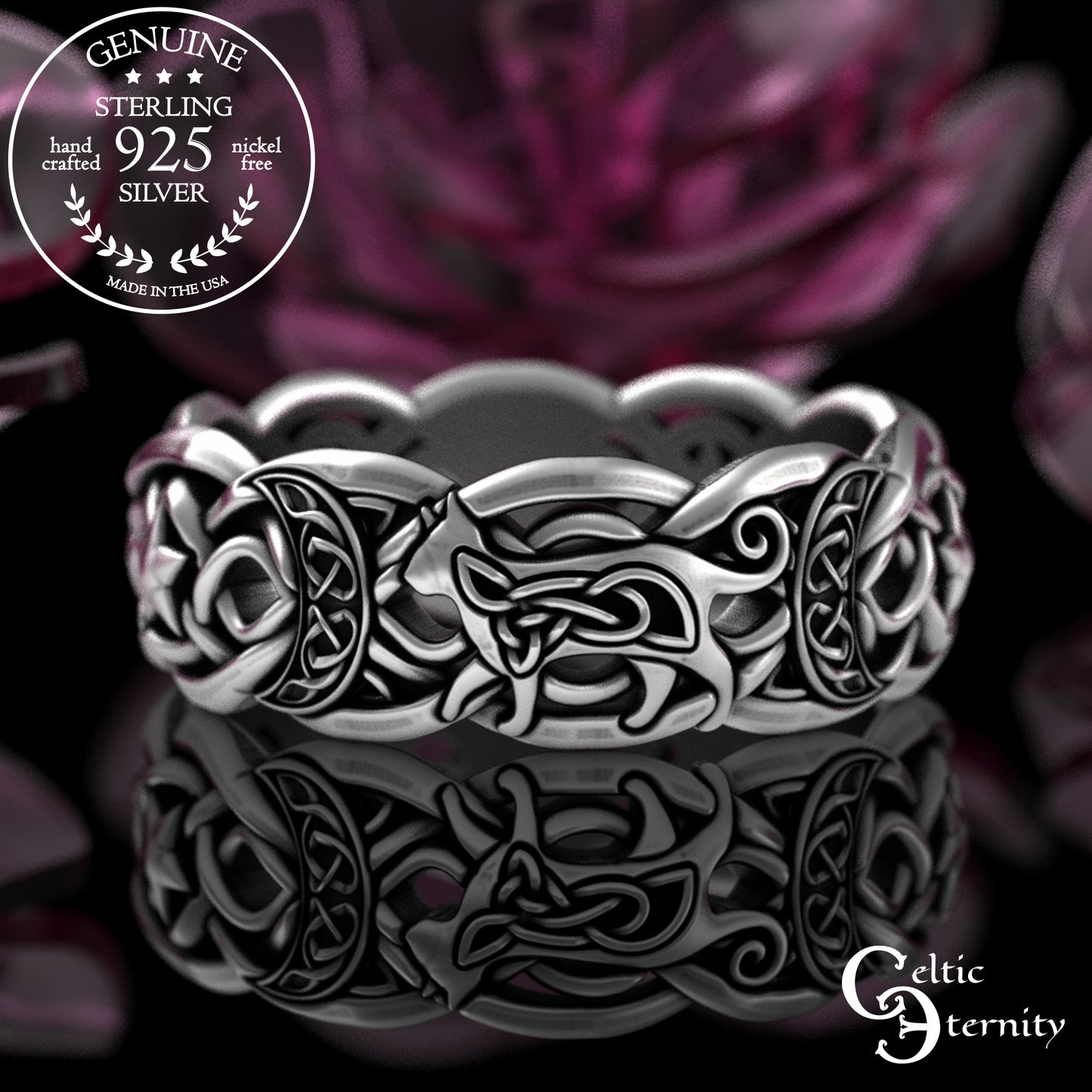 Sterling Celtic Cat & Moon Wedding Band - Celestial Stars, 3258