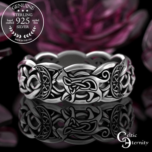 Sterling Celtic Cat & Moon Wedding Band - Celestial Stars, 3258