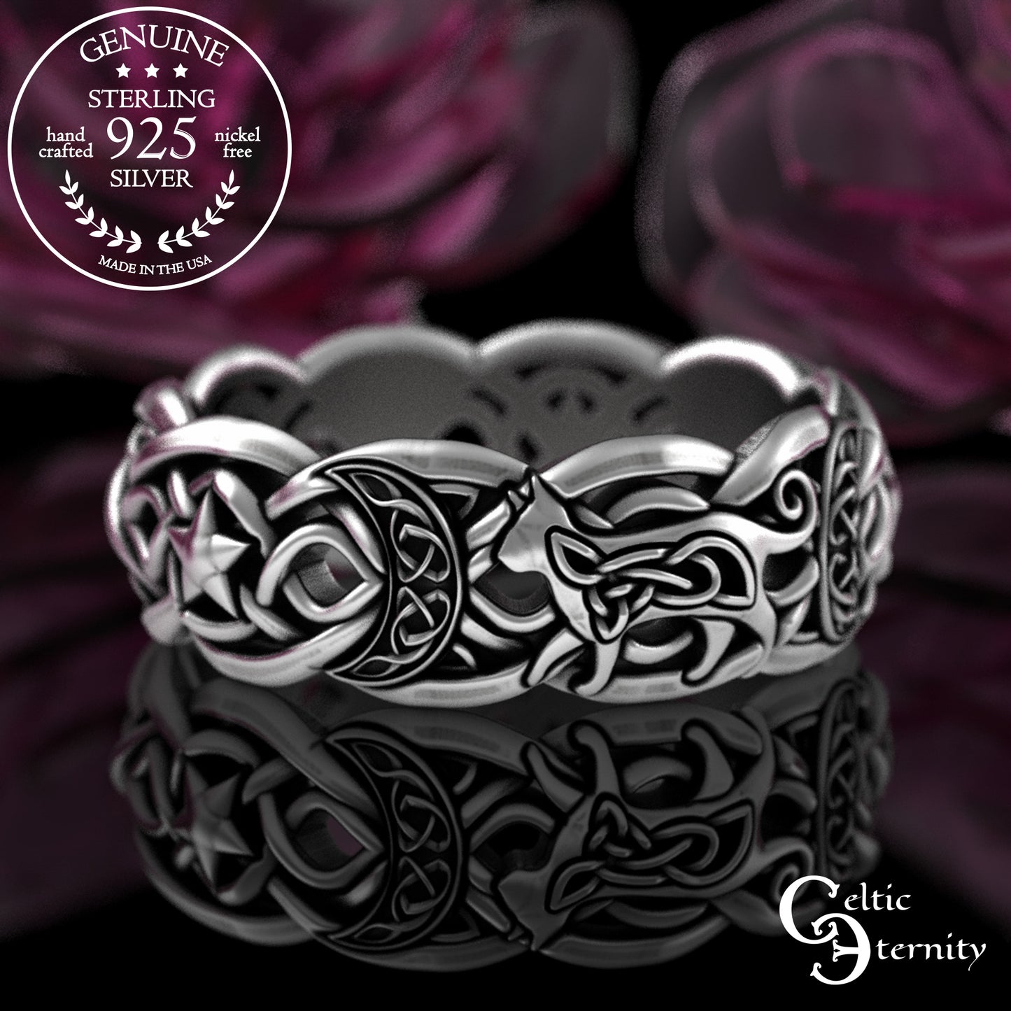 Sterling Celtic Cat & Moon Wedding Band - Celestial Stars, 3258