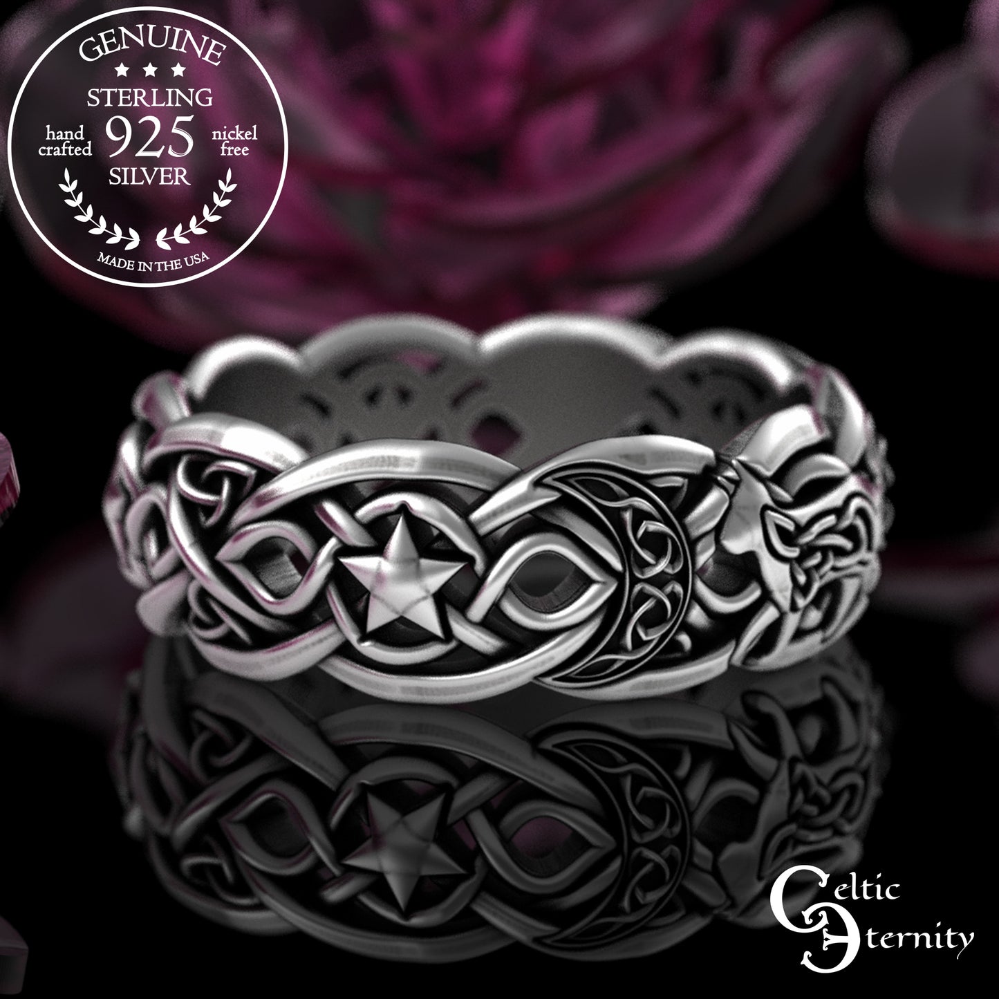 Sterling Celtic Cat & Moon Wedding Band - Celestial Stars, 3258