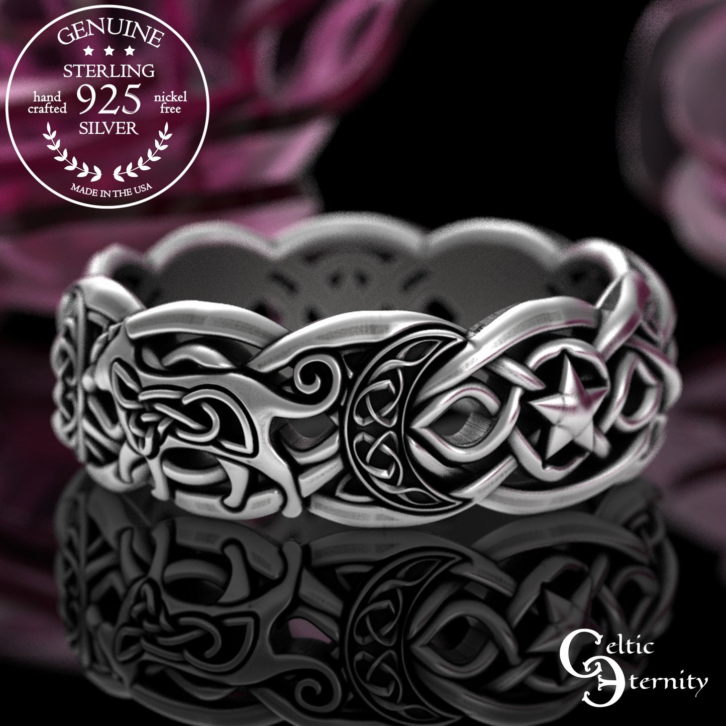 Sterling Celtic Cat & Moon Wedding Band - Celestial Stars, 3258