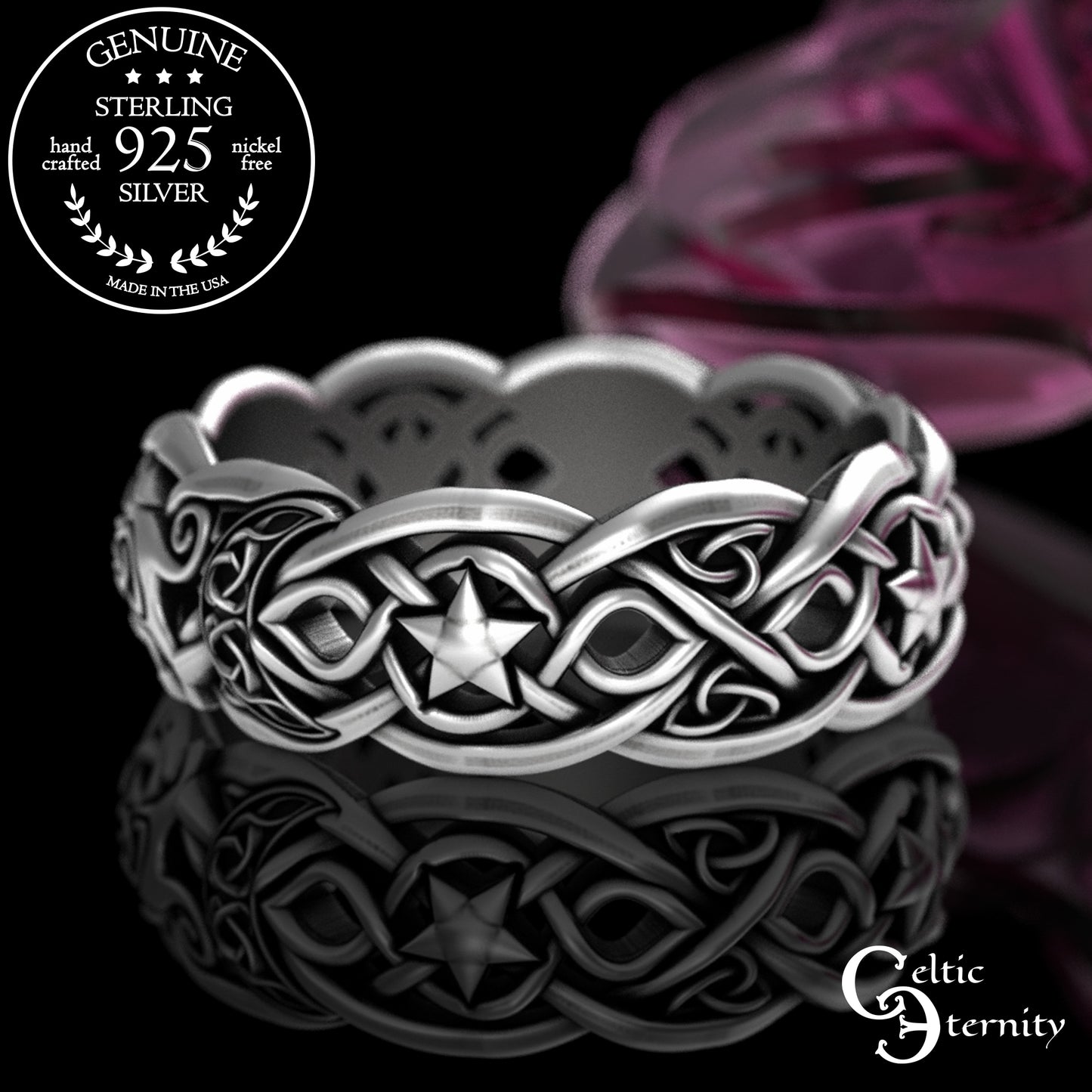 Sterling Celtic Cat & Moon Wedding Band - Celestial Stars, 3258
