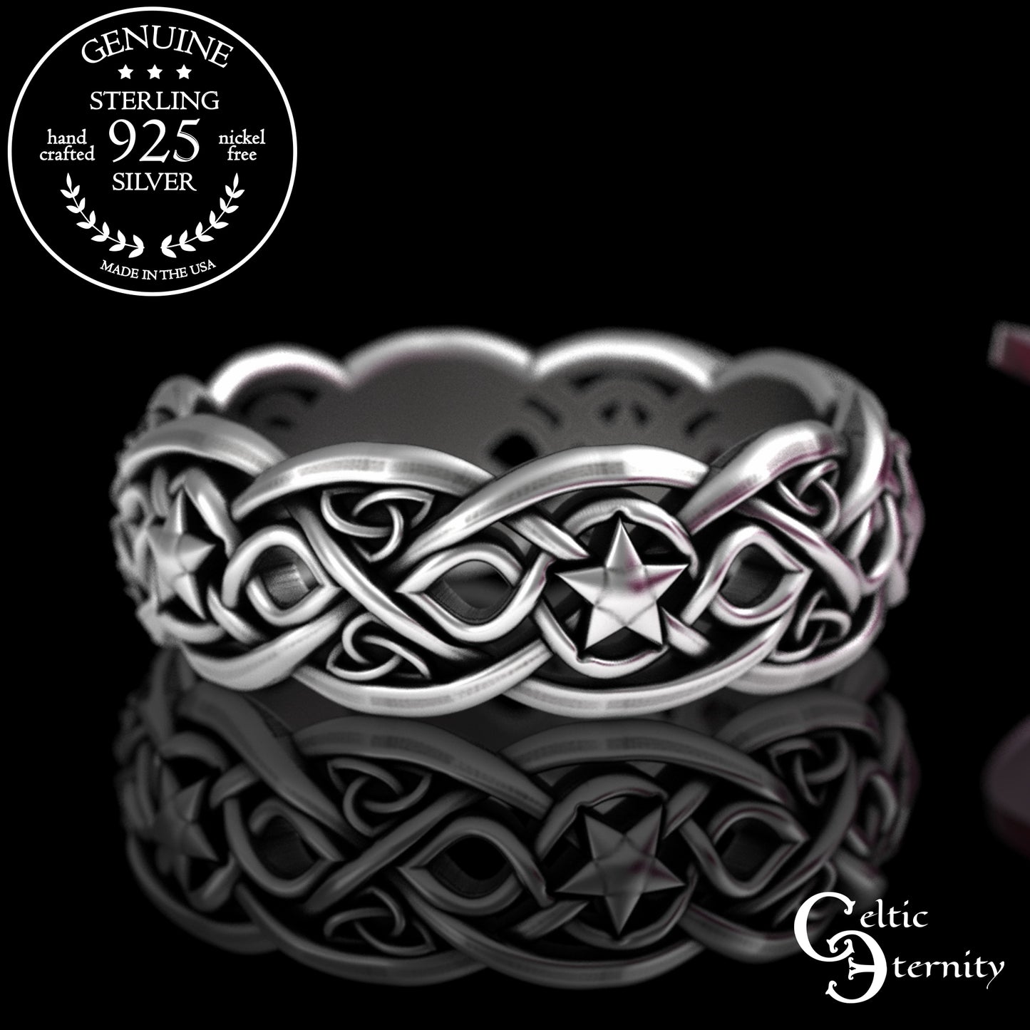Sterling Celtic Cat & Moon Wedding Band - Celestial Stars, 3258