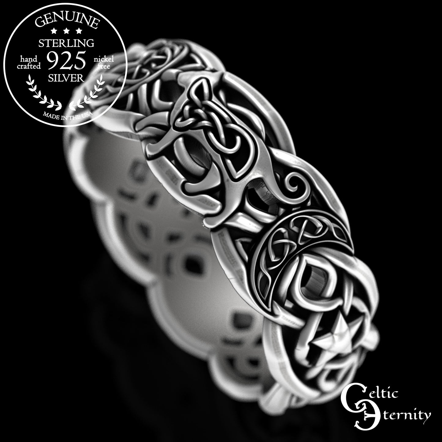 Sterling Celtic Cat & Moon Wedding Band - Celestial Stars, 3258