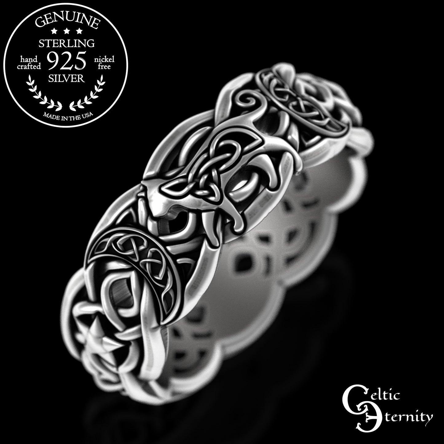 Sterling Celtic Cat & Moon Wedding Band - Celestial Stars, 3258