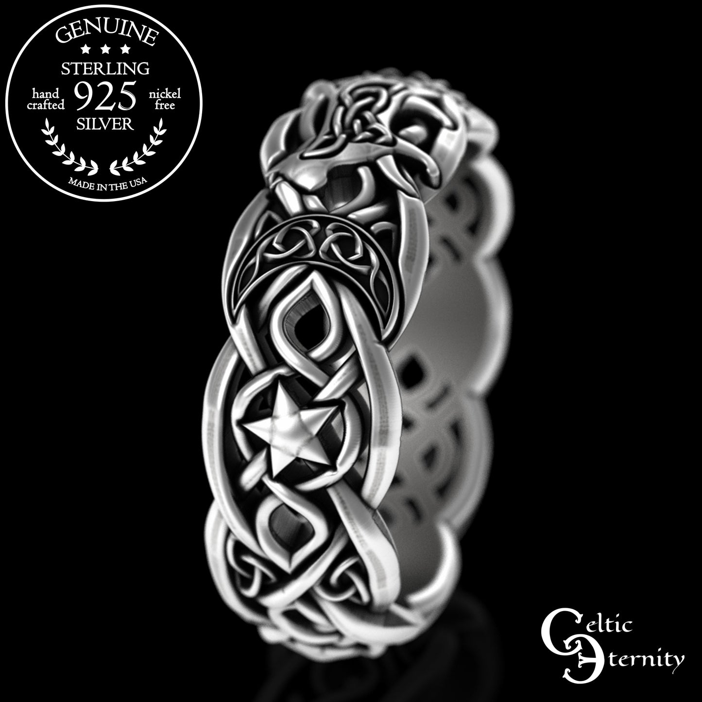 Sterling Celtic Cat & Moon Wedding Band - Celestial Stars, 3258