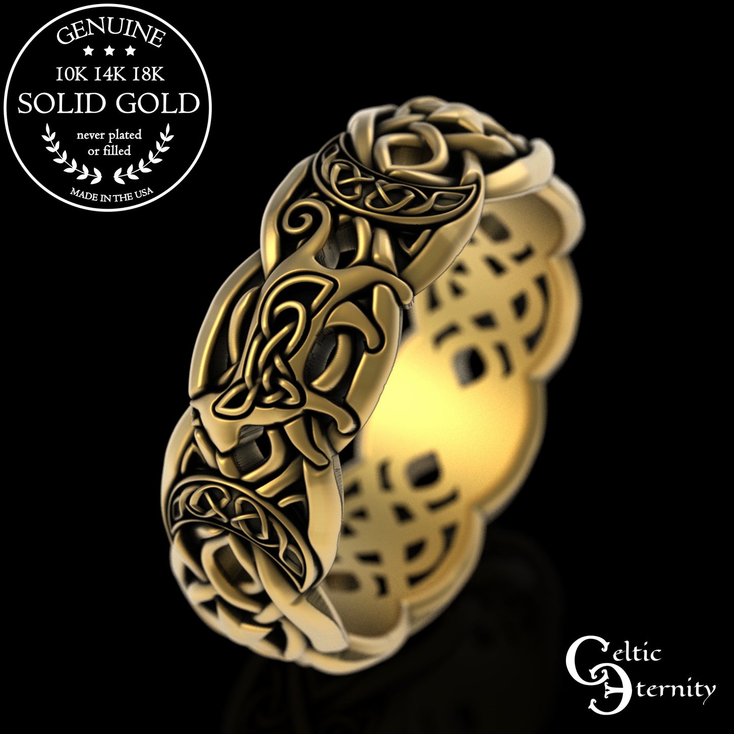 Sterling Celtic Cat & Moon Wedding Band - Celestial Stars, 3258