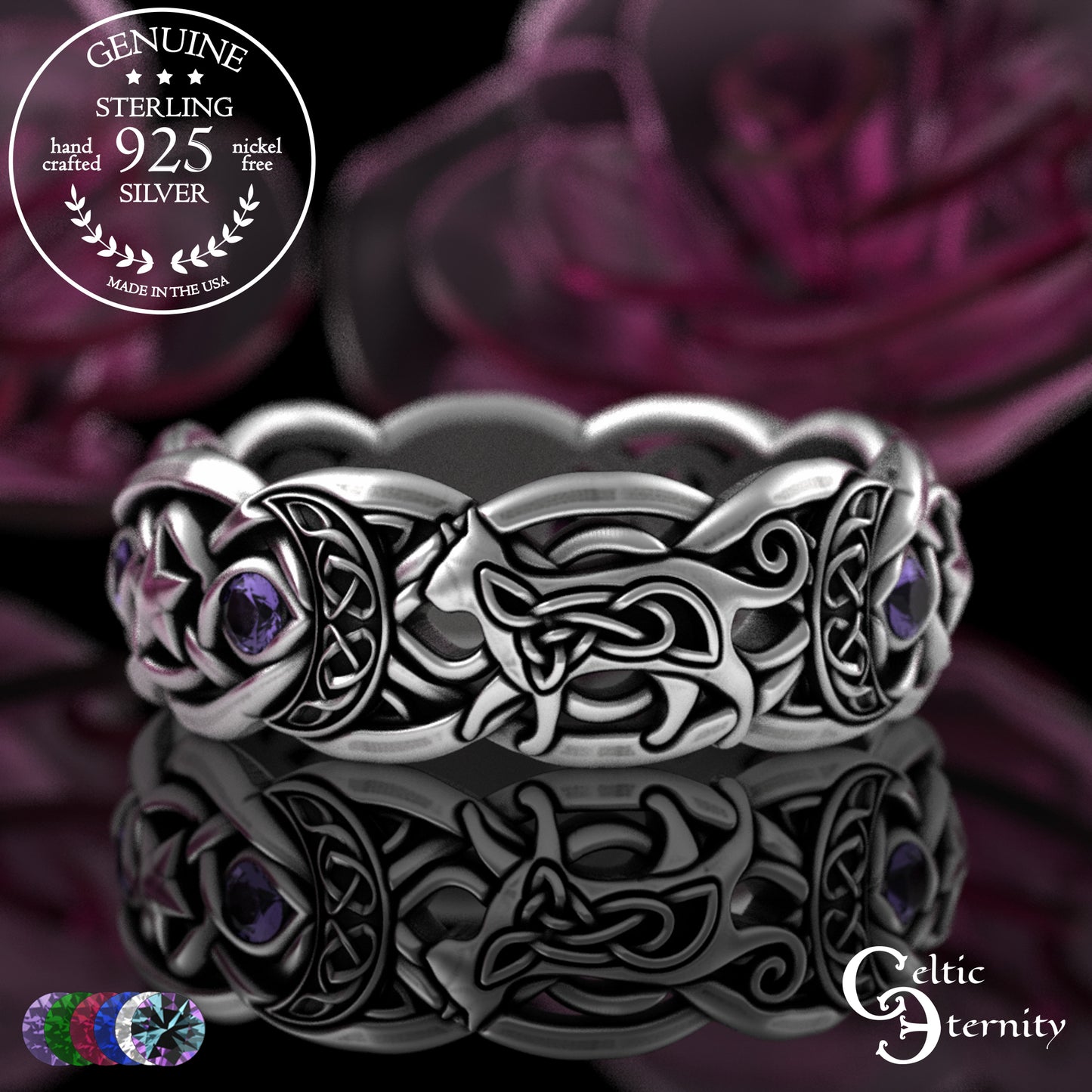 Sterling Alexandrite Cat with Crescent Moons & Stars Ring, 3259
