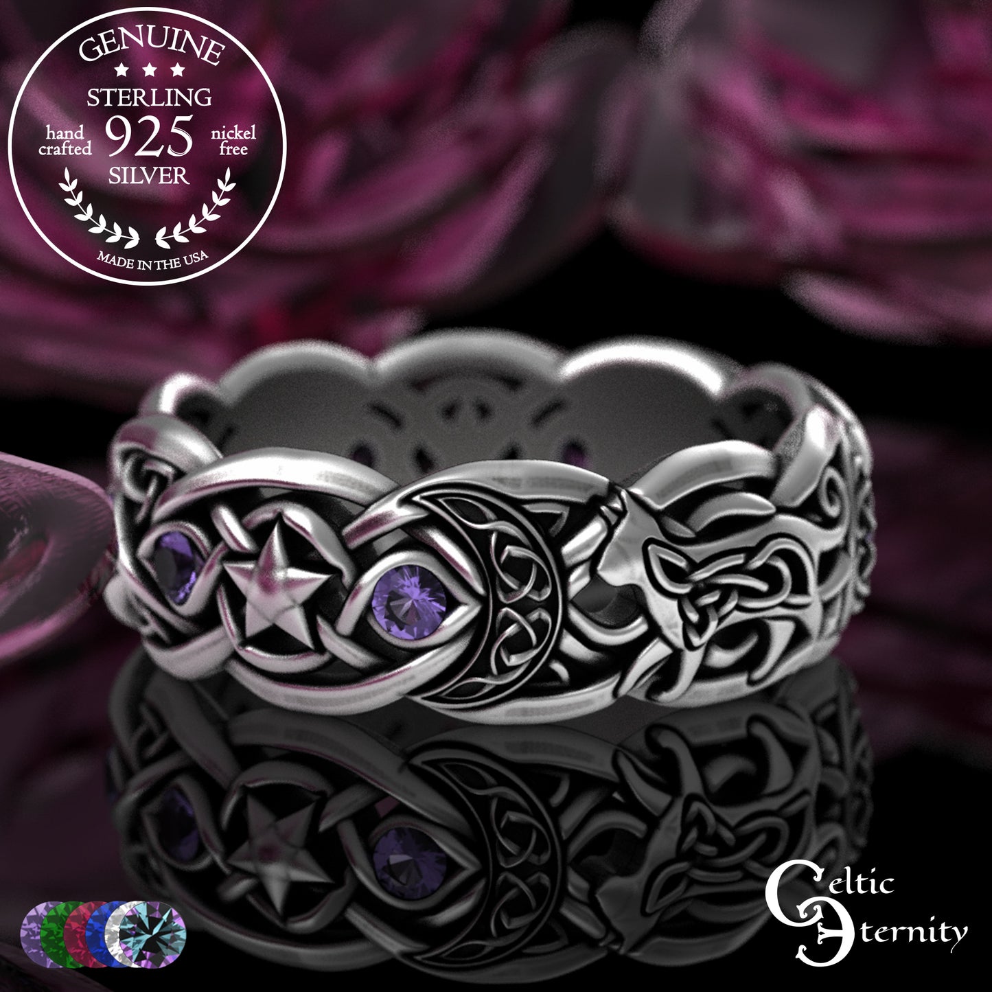 Sterling Alexandrite Cat with Crescent Moons & Stars Ring, 3259