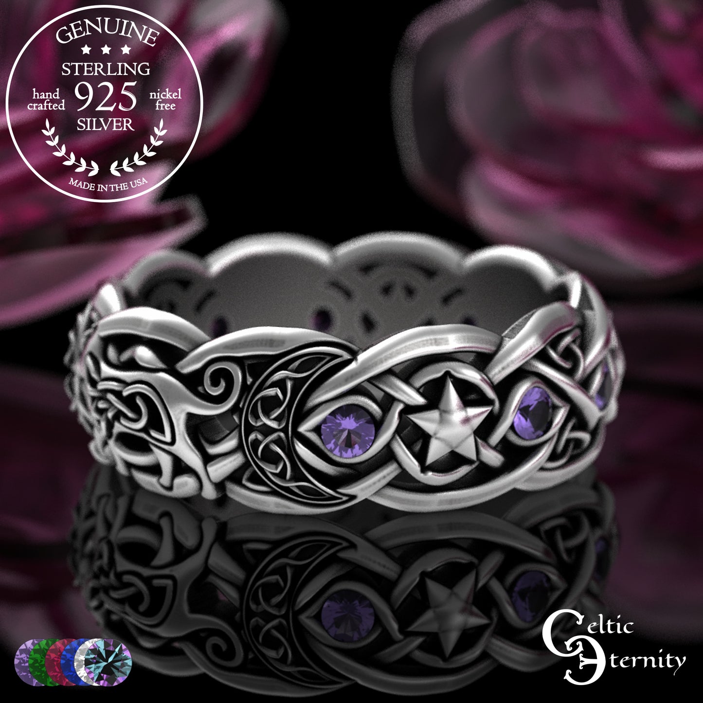 Sterling Alexandrite Cat with Crescent Moons & Stars Ring, 3259