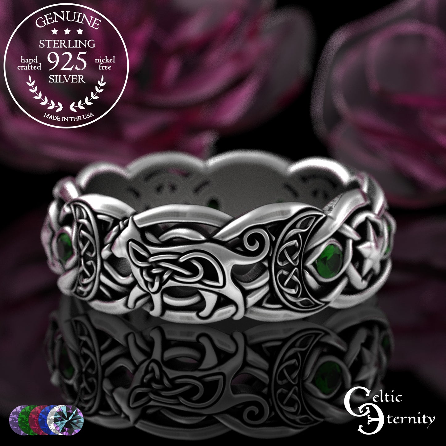 Sterling Alexandrite Cat with Crescent Moons & Stars Ring, 3259