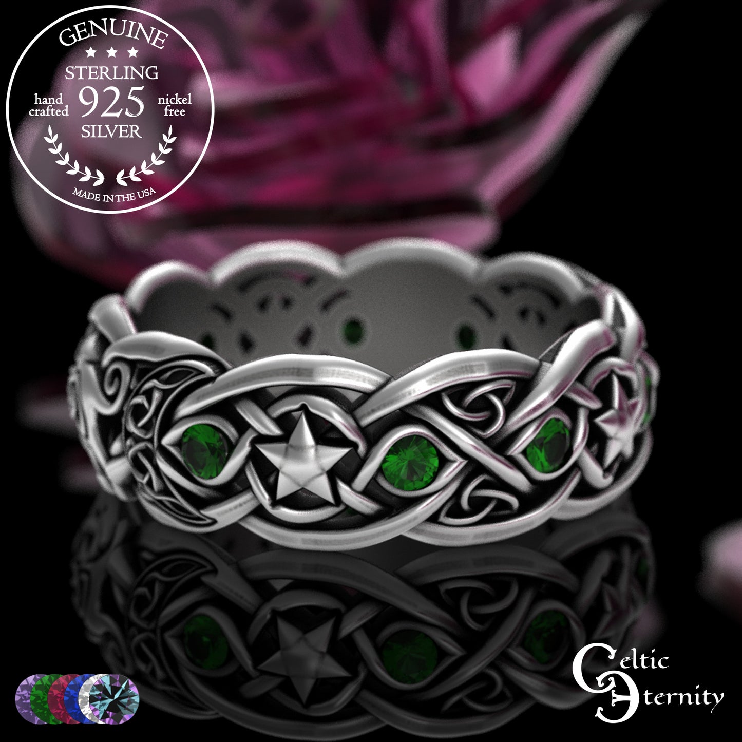 Sterling Alexandrite Cat with Crescent Moons & Stars Ring, 3259